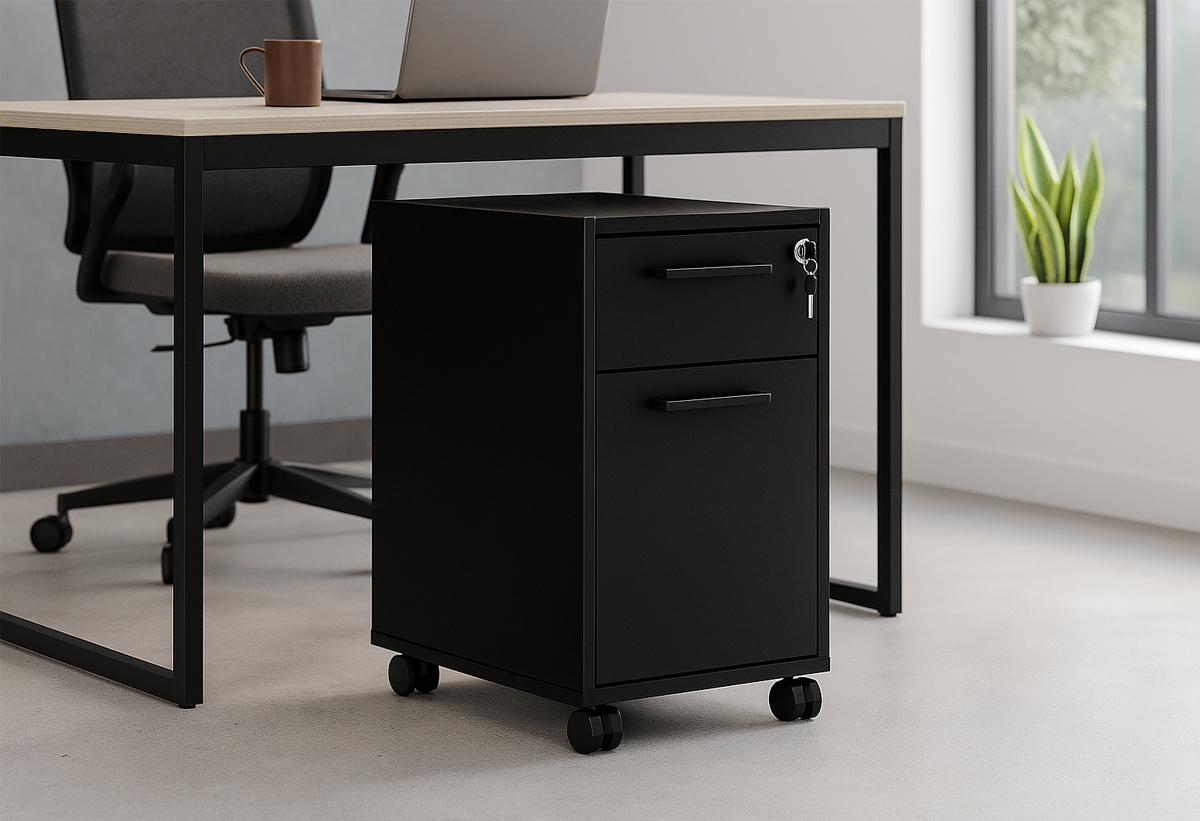 Απεικονίζεται η συρταριέρα γραφείου Diego κάτω από ένα γραφείο σε έναν χώρο εργασίας.